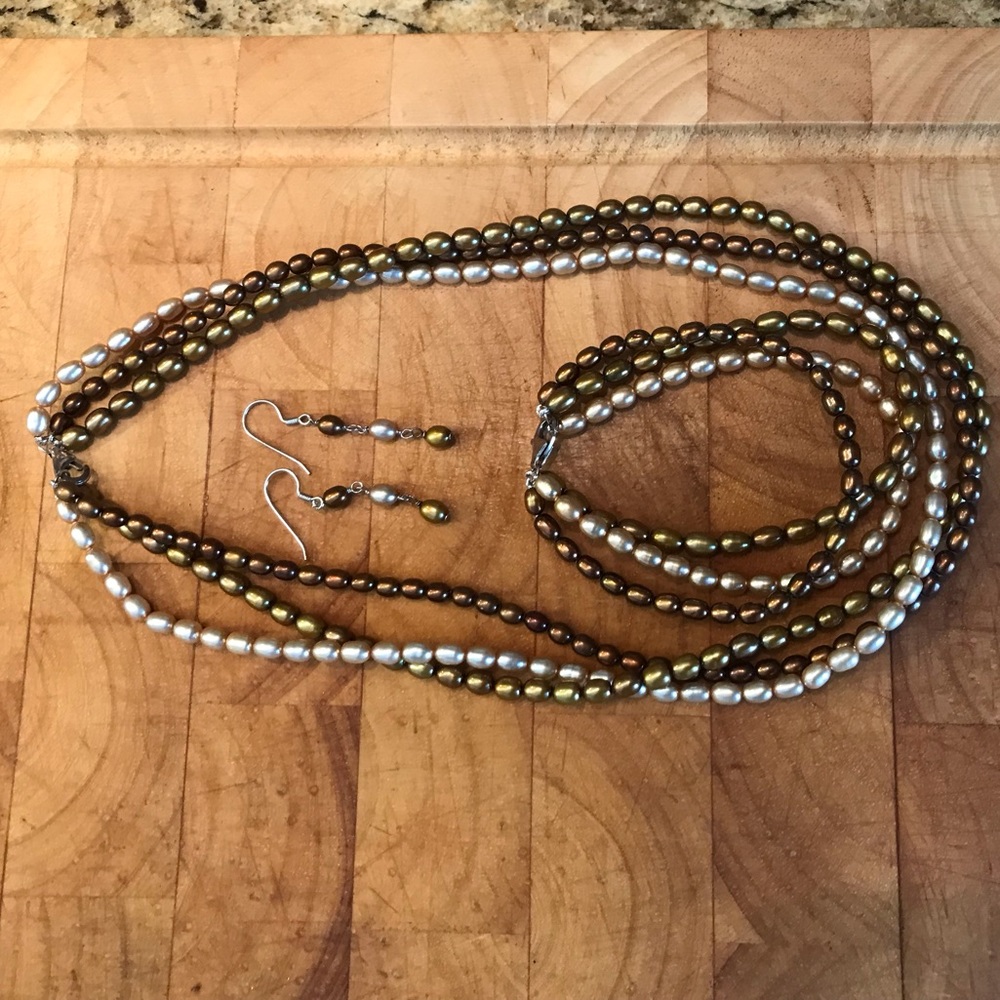 Hi Ho Silver Brown Gold & Cream Bead Necklace, Bracelet & Earrings Set